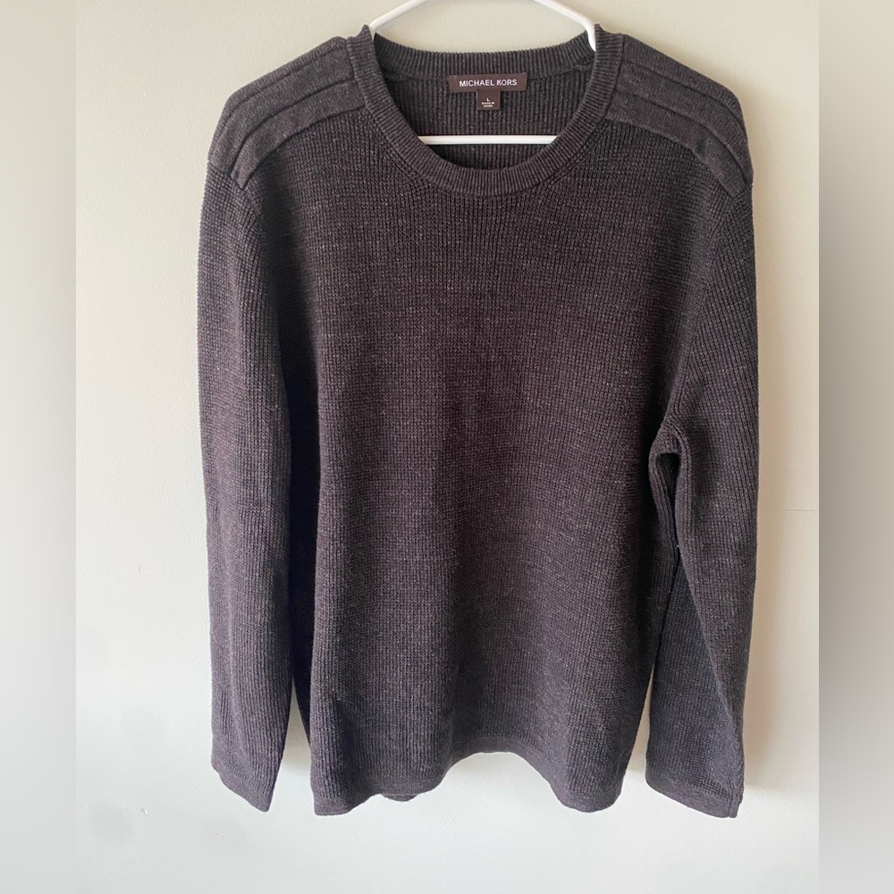 Michael Kors Men's Chocolate Brown Wool Cotton Blend Crew Sweater Textured Large